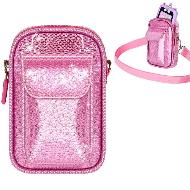 Kids Smart Phone for Girls Universal Bag for Luyiilo/for Luoba/for Yosfeng/for WEOLULI and More, Glitter Powder Bag with Removable Shoulder Strap Fits Toddler Phone/Data Cables/SD Cards - Pink