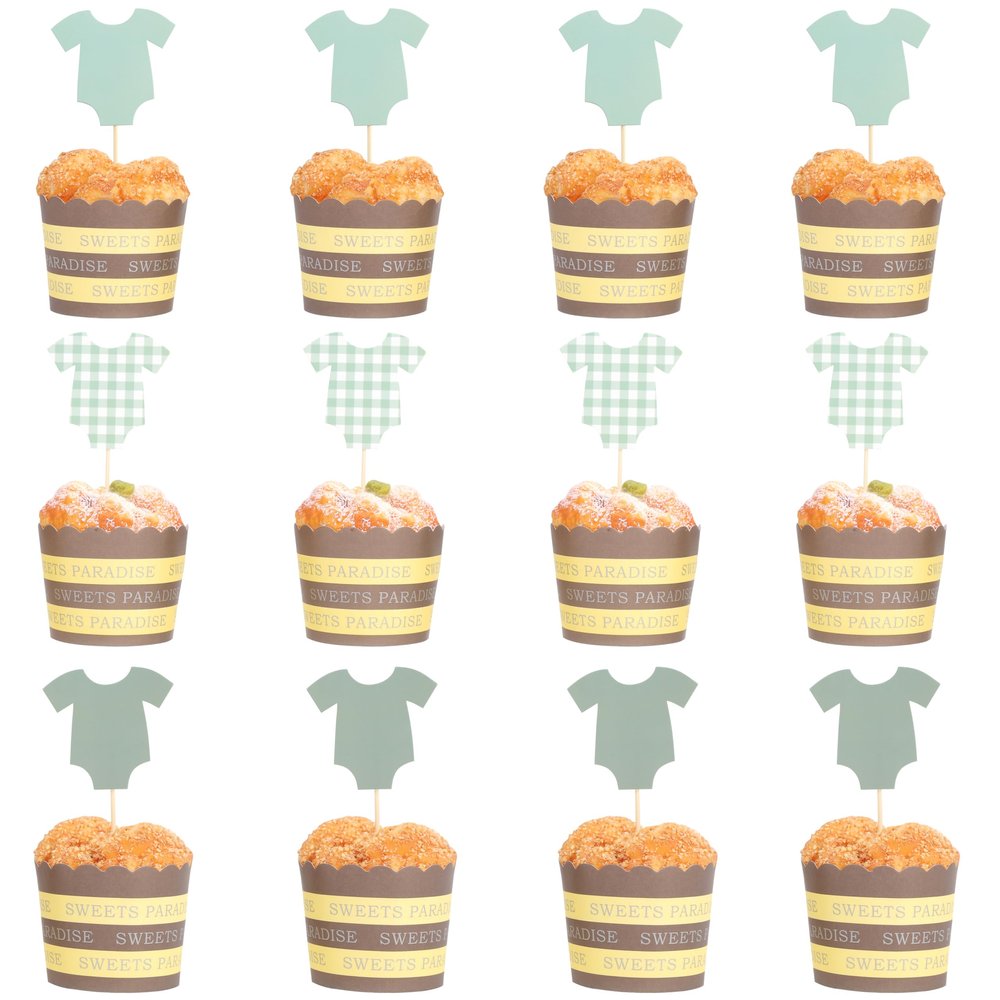 12Pcs Baby Bodysuit Cupcake Toppers - Welcome Baby Party Decorations,Gender Reveal Neutral Party Photo Props,Green Short Sleeve Onesie Cupcake Topper,Clothes Jumpsuit Birthday Supplies