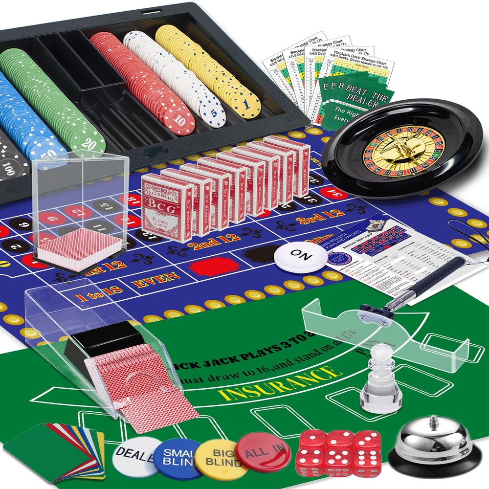5 in 1 Super Casino Game Set: Blackjack/Roulette/Craps/Texas Hold'em/Poker Kit with Shoe+Discard Tray+360 Chip+8 Deck Card+Roulette Wheel+2 Felt+Stratedgy Card+Chip Rake02