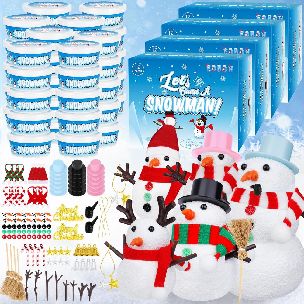 EOBOH 48 Pack Snowman Kit, Christmas Crafts DIY Toys Kit, Build a Snowman Craft Winter Decorations Indoor, Creative Air Dry Clay Modeling Crafts, Christmas Activities School Family Party Supplies