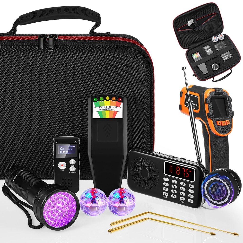 Dunzy 11 Pcs Ghost Hunting Equipment Kit Include Ghost Radio, Electromagnetic Paranormal Radiation Detector, EVP Recorder, UV Flashlight 2 LED Light up Cat Balls Etc(Upgrade Temp Gun)