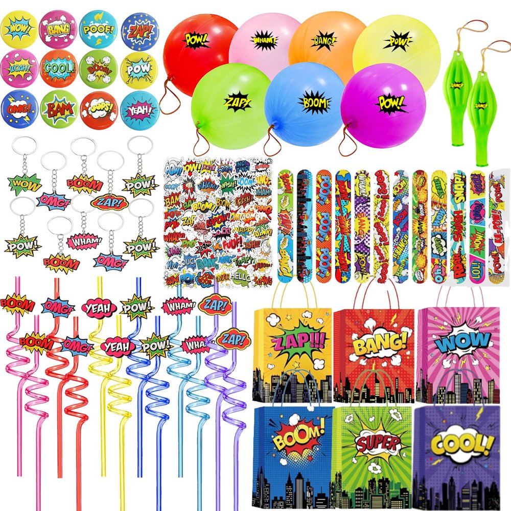 122 Pcs Hero Themed Party Favor Supplies Kit Includes Drinking Straws Badge Keychains Slap Bracelets Balloons Stickers and Gift Bags Hero Themed Party Favors Birthday Decorations