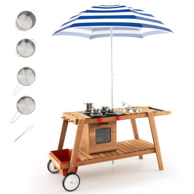 GLACER Outdoor Kids Kitchen Play Set, Wooden Mud Kitchen Toy w/Realistic Sounds, Wheels, Removable Umbrella & Ample Storage Space, Toddle Cooking Playset for Aged 3+ Years Old (Blue)