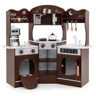 GLACER Play Kitchen, Corner Toy Kitchen w/Sound & Light, Washing Machine, Coffee Maker, Oven, Sink, Storage Shelf, Cook Accessories, Pretend Kids Kitchen Playset, Gift for Boys Girls Aged 3+ (Brown)
