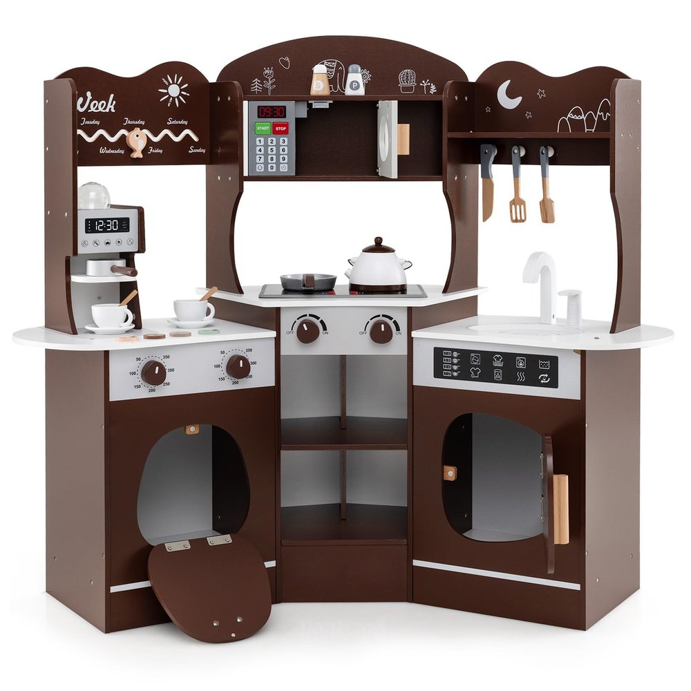 GLACER Play Kitchen, Corner Toy Kitchen w/Sound & Light, Washing Machine, Coffee Maker, Oven, Sink, Storage Shelf, Cook Accessories, Pretend Kids Kitchen Playset, Gift for Boys Girls Aged 3+ (Brown)