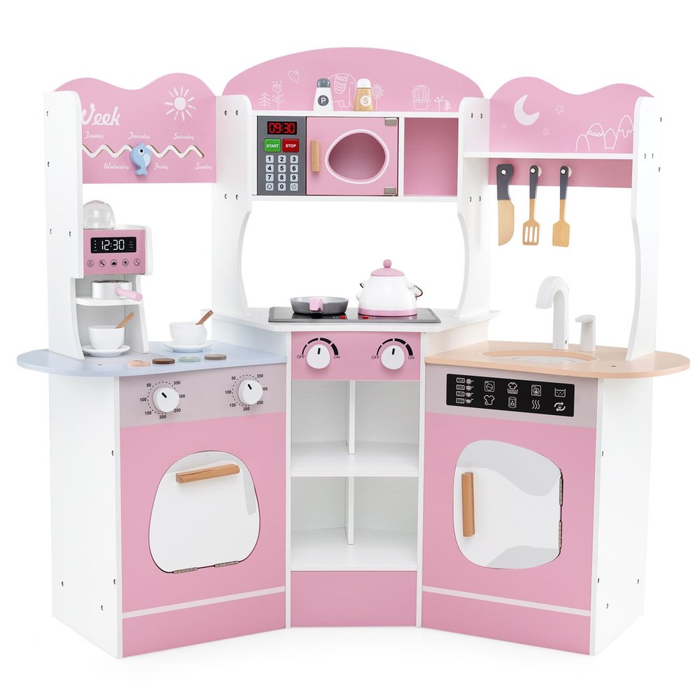 GLACER Play Kitchen, Corner Toy Kitchen w/Sound & Light, Washing Machine, Coffee Maker, Oven, Sink, Storage Shelf, Cook Accessories, Pretend Kids Kitchen Playset, Gift for Boys Girls Aged 3+ (Pink)
