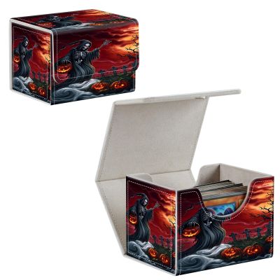 GYSYSQSH Card Deck Box for MTG, PU Leather Microfiber Lining Trading Card Storage Case Fits 100+ Sleeved Cards Strong Magnet Cover Holder for Magic Commander TCG CCG, Skull Pumpkin