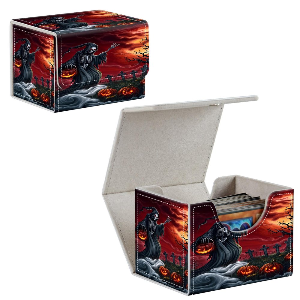 GYSYSQSH Card Deck Box for MTG, PU Leather Microfiber Lining Trading Card Storage Case Fits 100+ Sleeved Cards Strong Magnet Cover Holder for Magic Commander TCG CCG, Skull Pumpkin