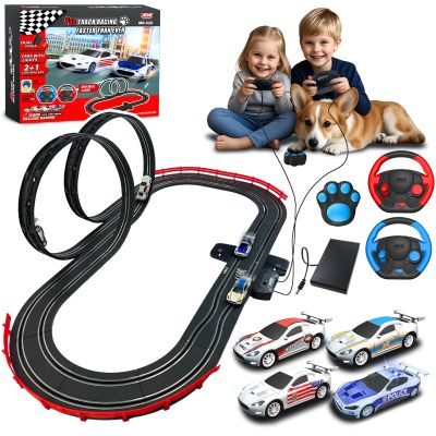 AGM MASTECH Slot Car Race Track Set, High Speed Series Tram Dual Track Set with 4 Licensed Racing Slot Cars, 2 Hand Controls, Track Parts and Lap Counter