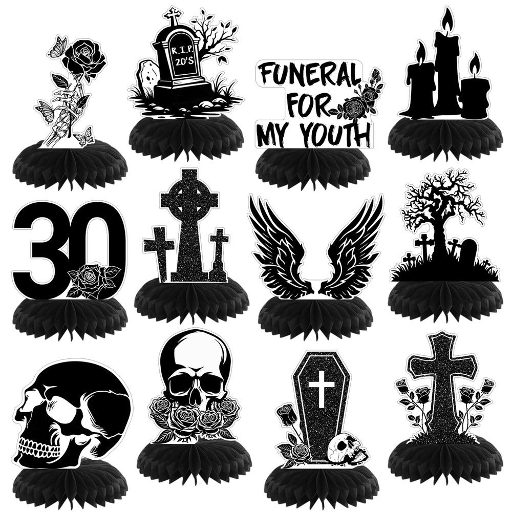 12 Pcs Halloween Death to My 20s Decorations 30th Birthday Party Decoration Rip 20s Black Gothic Honeycomb Centerpieces Funeral for My Youth Table Decoration Table Topper for Party Favors Supplies