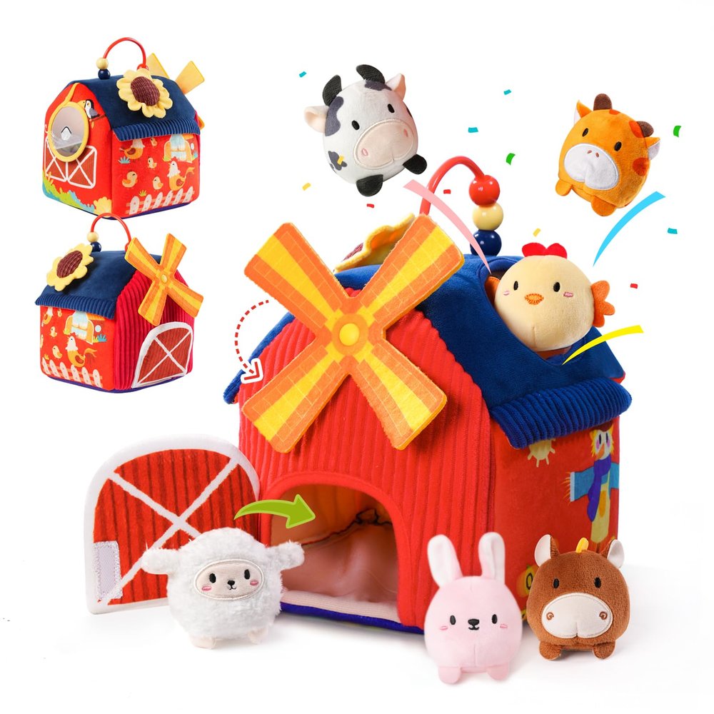 Koty Baby Toys 6-12 Months, Montessori Sensory Toys, My First Farm House Toy with 6 Stuffed Animals,Rotating Windmill & Sunflower Crinkle, Rattle, Fun Mirror Fine Motor Skills Development,Baby Gift