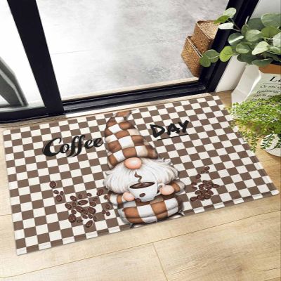 Indoor Doormat Farm Gnome Coffee Day Beans,Shaggy Floor Mat with Non-Skid Backing Classic Brown Buffalo Plaid,Machine Washable Plush Area Rug Carpets for Kitchen Nursery Bedroom