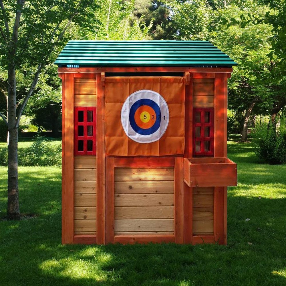 Eco-Friendly Outdoor Wooden 4-in-1 Game House for Kids Garden Playhouse with Different Games on Every Surface,Solid Wood,61.4" Lx45.98 Wx64.17 H
