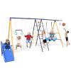 500lbs Capacity 7-in-1 Kids Swing Set - Heavy Duty Metal A-Frame Playset with Slide, 2 Swings, Climbing Net, Ladder, Gym Rings & Basketball Hoop for Backyard (Multicolor) view 1