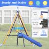 500lbs Capacity 7-in-1 Kids Swing Set - Heavy Duty Metal A-Frame Playset with Slide, 2 Swings, Climbing Net, Ladder, Gym Rings & Basketball Hoop for Backyard (Multicolor) view 3