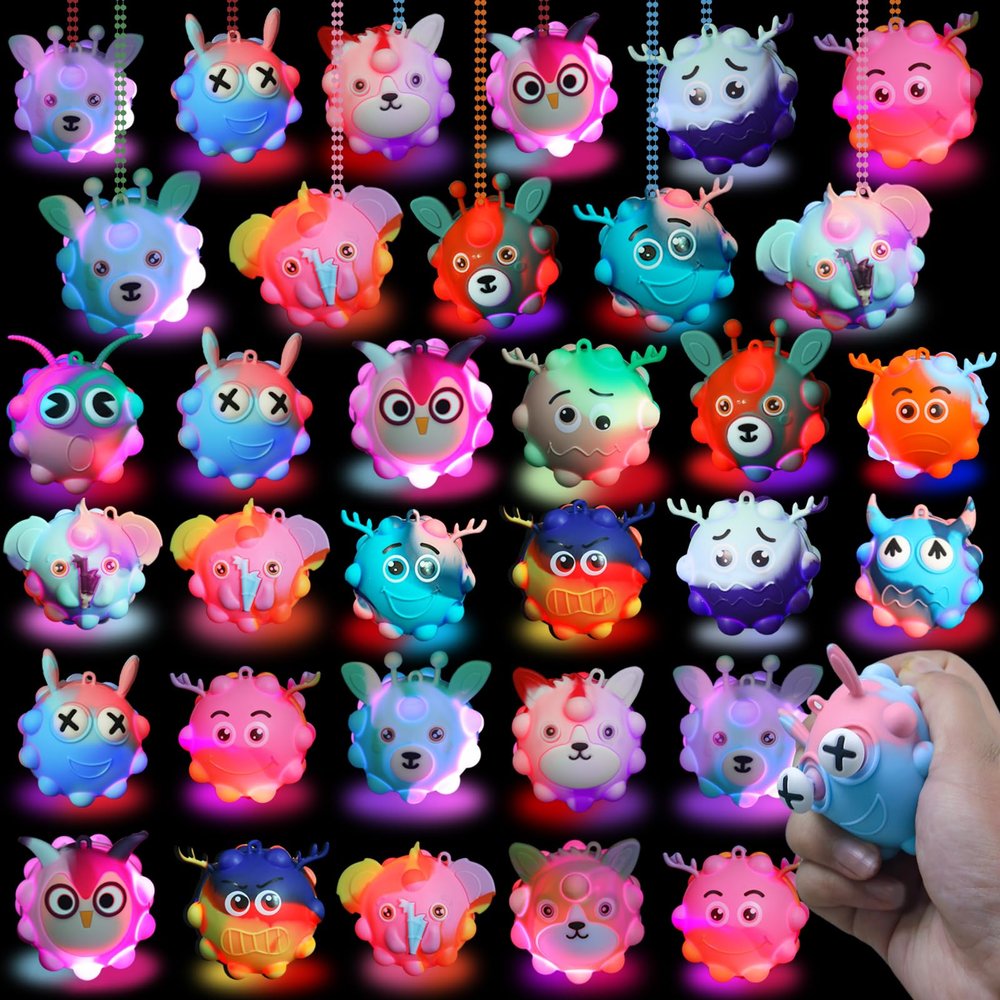 48 Pack Light Up Party Favors for Birthday, Glow in The Dark Party Supplies, Pop Fidget Toys Bulk 3D Stress Ball Toy, Squeeze Toys, Easter Filler, Classroom Prizes Stocking Stuffers for Adults Toddler