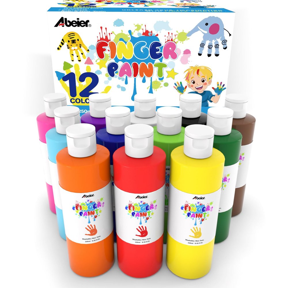 ABEIER Washable Finger Paint Bulk Pack for Toddlers, Safe Non-Toxic, 12 Vibrant Colors (8.45 Fl oz), Baby Safe Paint for Hand and Feet, Mess Free Art Supplies for Kids, Ages 1-3 4 5 6+