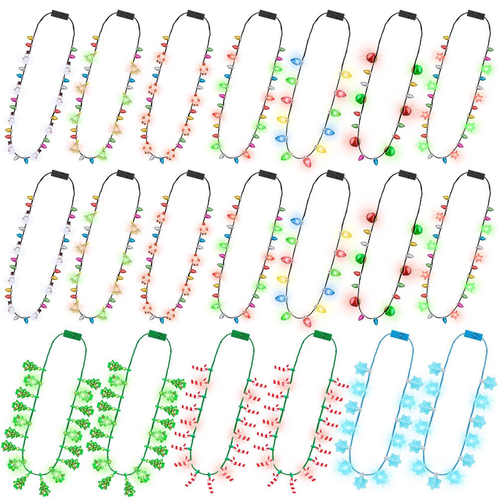 20 PCS Light up Christmas Necklaces, Xmas Party Accessories of 10 Kinds, 3 Glow Modes Christmas Light Necklace party Favors, Multi-color Xmas Light Necklace for FestiveTheme Ugly Sweater Supplies