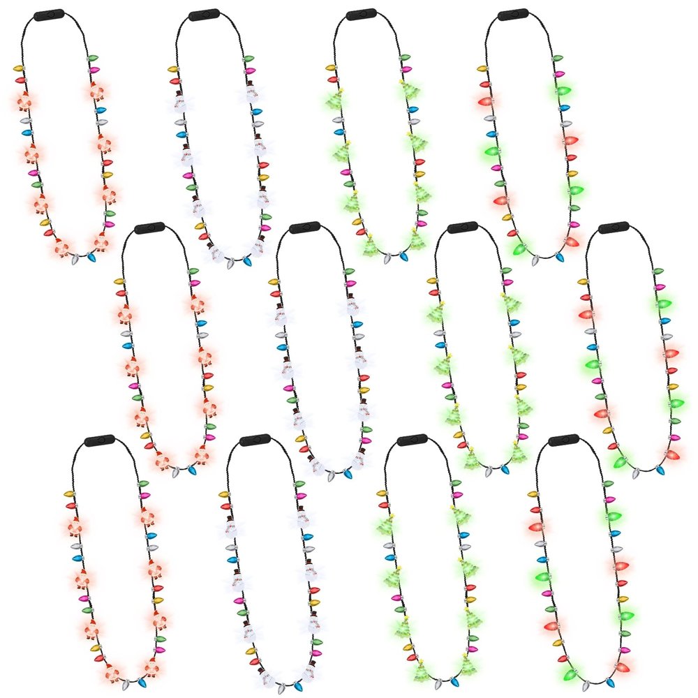 Christmas Party Accessories, 12PCS Christmas Light Necklace, Christmas Favors Colorful Bulbs, 3 Modes Light Up Christmas Necklace Santa Claus Christmas Trees Snowmen Christmas Necklaces Adults