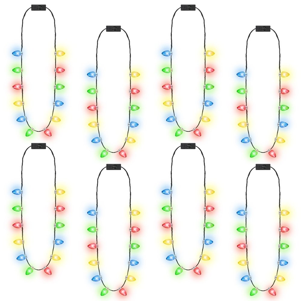 8 Pack Christmas Necklace Lights, 12 Glowing Bulbs Christmas Accessories with 3 Modes, Colorful Christmas Necklace, LED Xmas Party Favors for Ugly Sweater Contest Family Reunion Holiday Celebrations