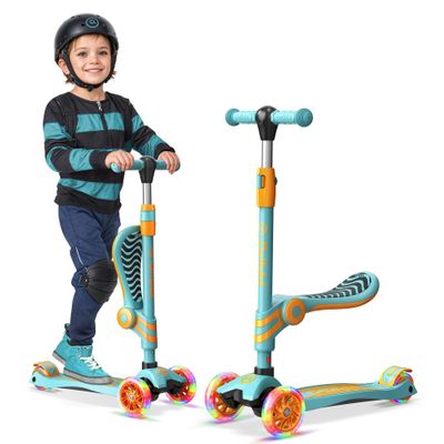 Aqua Orange 3 Wheel Scooter with Seat for Kids, Light-Up Wheels, Adjustable Lean to Steer Handlebar and Seat, Smooth Wheels, Wide No-Slip Deck, Rear Foot Brake, Toddler Outdoor Toys for Ages 2+