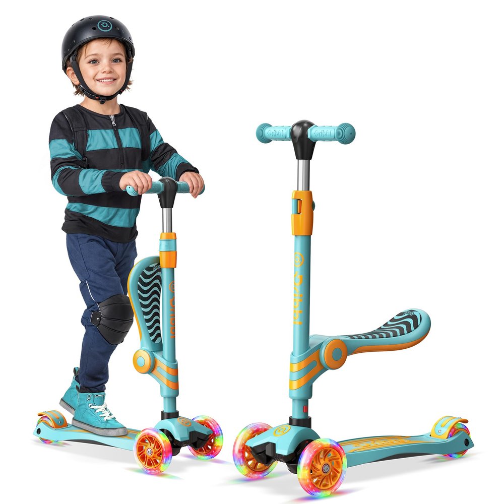 Aqua Orange 3 Wheel Scooter with Seat for Kids, Light-Up Wheels, Adjustable Lean to Steer Handlebar and Seat, Smooth Wheels, Wide No-Slip Deck, Rear Foot Brake, Toddler Outdoor Toys for Ages 2+