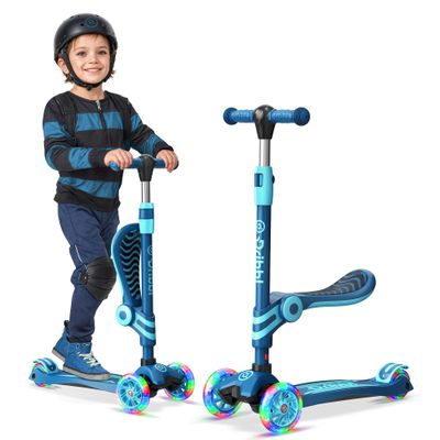 Blue 3 Wheel Scooter with Seat for Kids, Light-Up Wheels, Adjustable Lean to Steer Handlebar and Seat, Smooth Wheels, Wide No-Slip Deck, Rear Foot Brake, Toddler Outdoor Toys for Ages 2+
