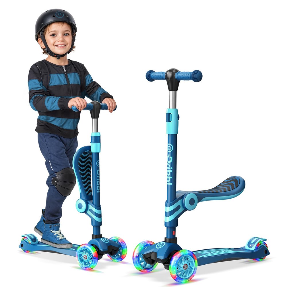 Blue 3 Wheel Scooter with Seat for Kids, Light-Up Wheels, Adjustable Lean to Steer Handlebar and Seat, Smooth Wheels, Wide No-Slip Deck, Rear Foot Brake, Toddler Outdoor Toys for Ages 2+
