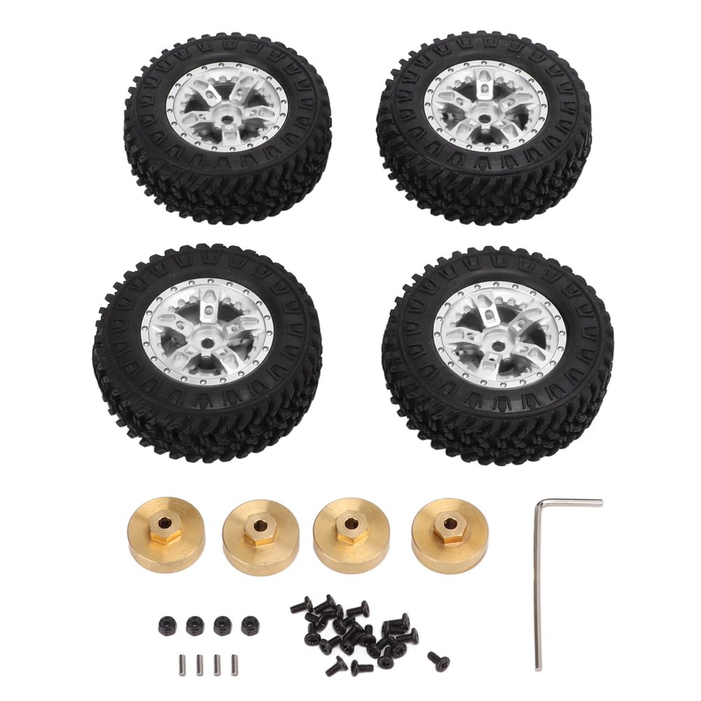 55mm Front Rear Rubber Tires 5 Spoke Metal Wheel Rim for Axial SCX24 1/24 RC Car Strong Counterweight Coupler (Silver)