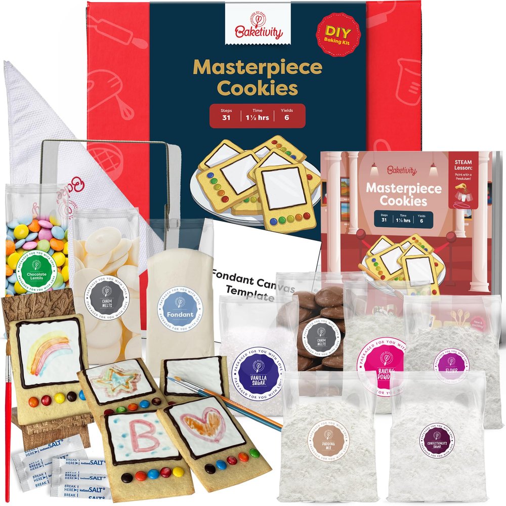 Baketivity Masterpiece Cookies Kids Baking Kit - Cooking Kit for Kids with Premeasured Ingredients, Step by Step Instructions, Paint Brushes, Art Lessons - Baking Set for Girls, Boys Ages 6-12