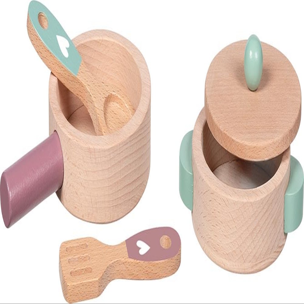 goki 51459 - Kitchen Love Cooking Set - 5-Piece Wooden Play Kitchen Set with Pan, Pot with Lid, Cooking Spoon and Spatula