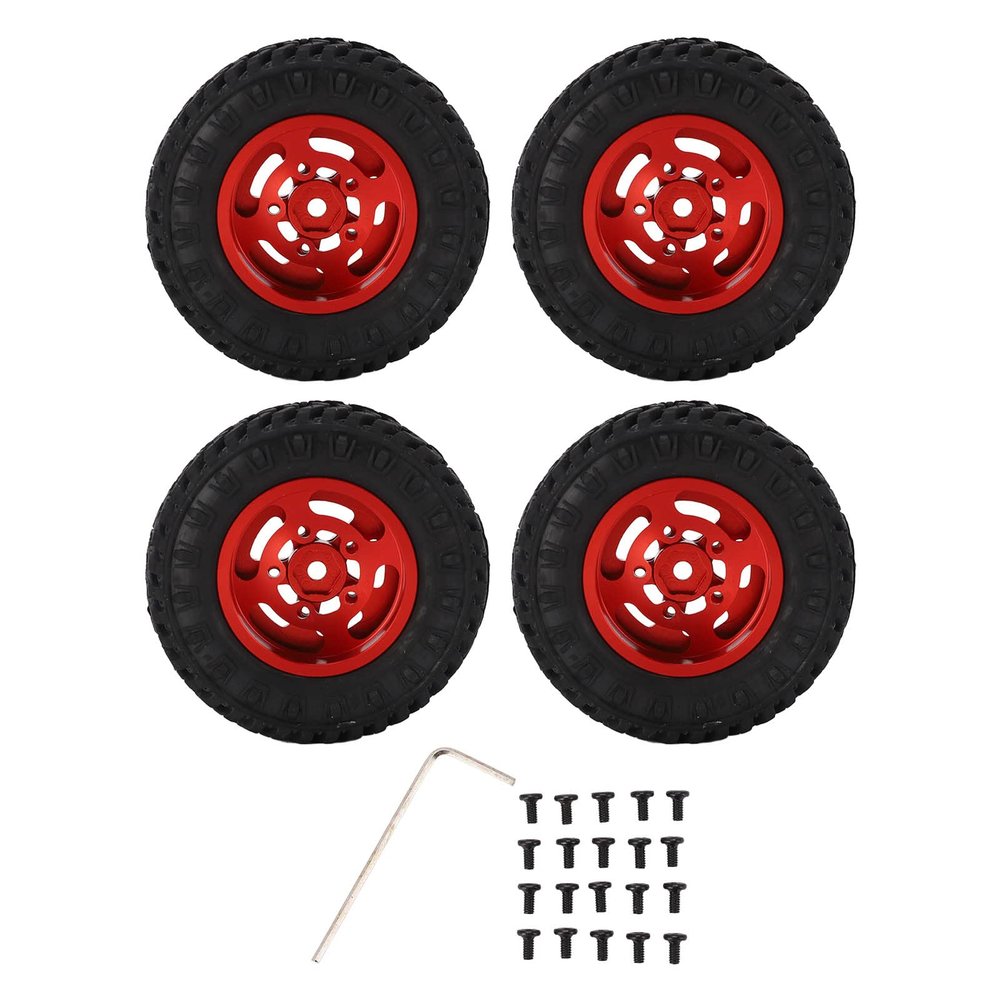 55mm Front Rear Rubber Tires 5 Spoke Metal Wheel Rims Set AXIAL SCX24 1/24 RC Car (Red)