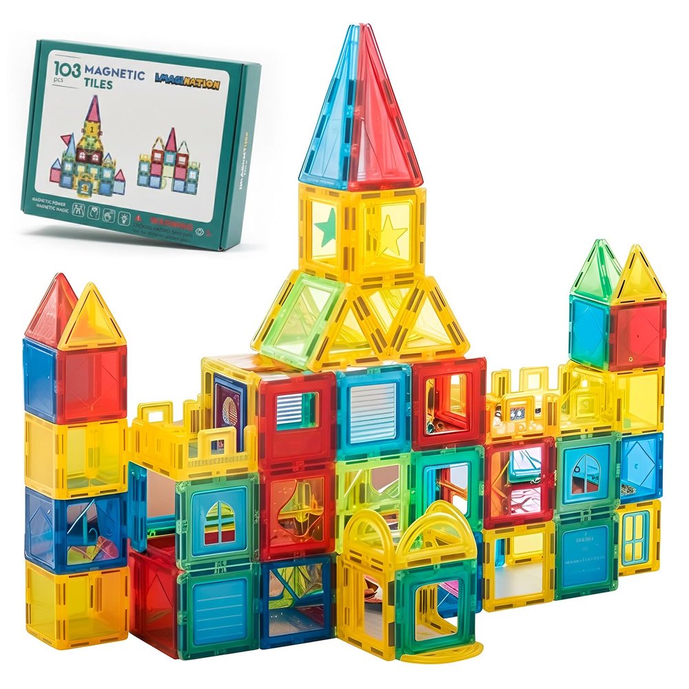 103 Piece Tiles Building Set for Kids Ages 38, Magnetic Building Blocks, Magnet Tiles Toy Set, STEM Educational Montessori Toy, Construction Blocks for Kids, Sensory Birthday Gift for Boys and Girls