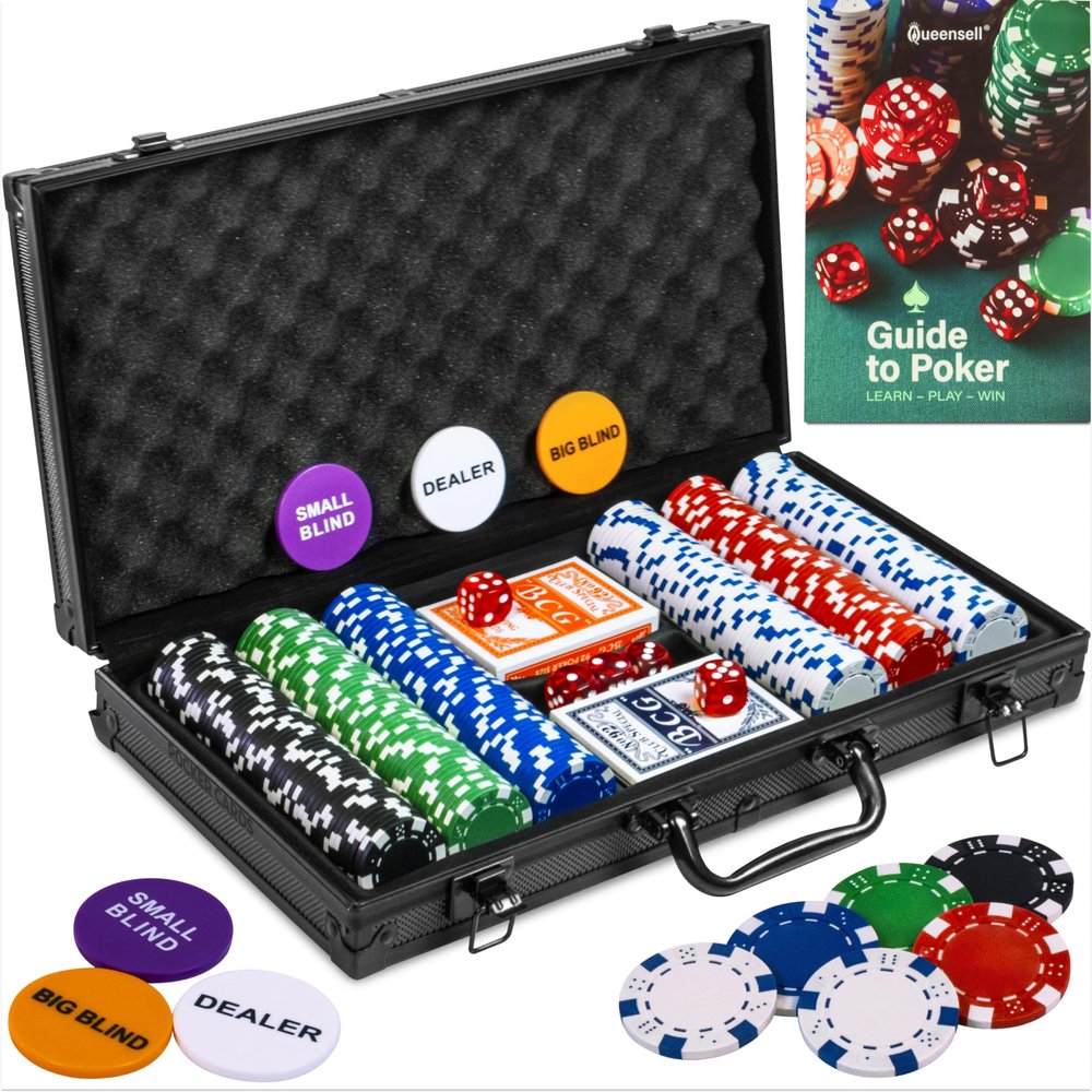 Queensell Poker Set with 300 Poker Chips 11.5 Gram for Texas Holdem Professional Weight Poker Chips Set with 2 Decks Cards, Big Small Dealer Buttons, and Dices Premium Poker in Aluminum Case