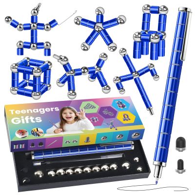 Magnetic Fidget Pen  Writing Tool & Spinner Toy Combo with 13 Blue Fun Rings, Stress Relief & Focus Gift for Kids 8+, Teens & Adults, Novelty Christmas Stocking Stuffer, Office & Study Toy