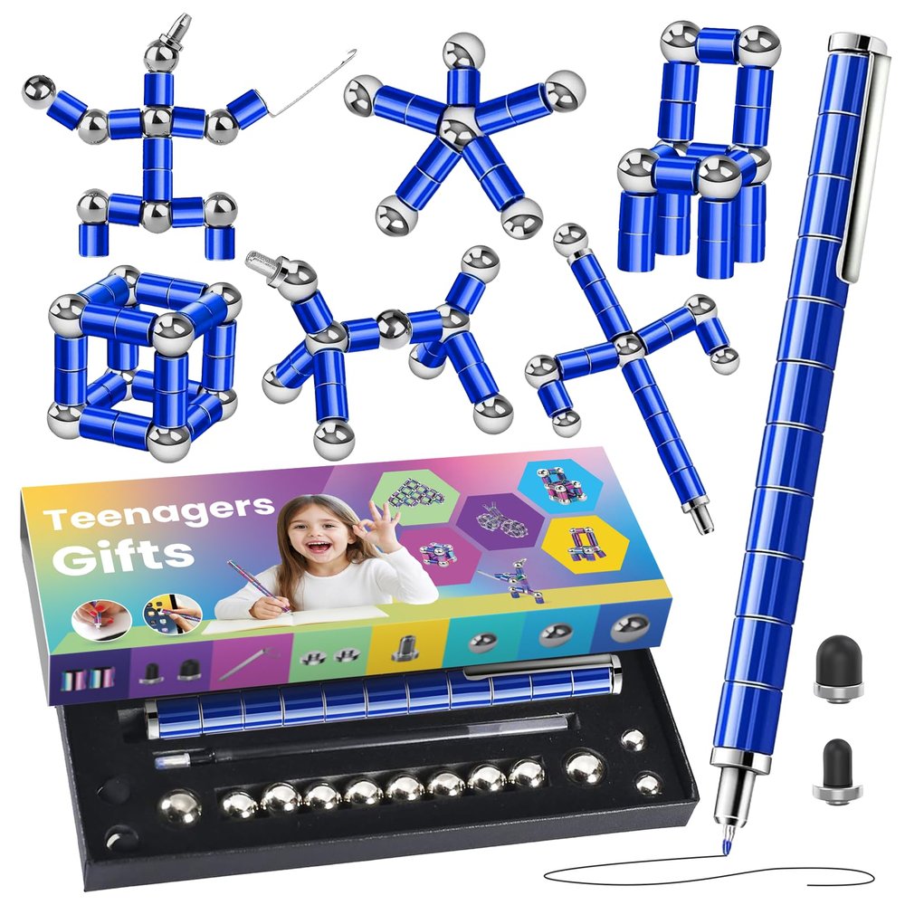 Magnetic Fidget Pen Writing Tool & Spinner Toy Combo with 13 Blue Fun Rings, Stress Relief & Focus Gift for Kids 8+, Teens & Adults, Novelty Christmas Stocking Stuffer, Office & Study Toy