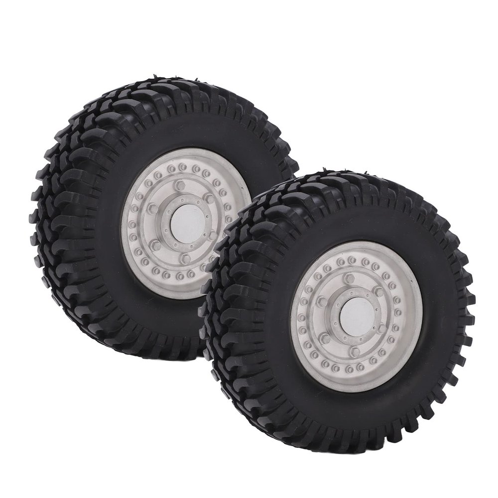 1.9in Beadlock Wheels and Tires Set, 100mm Diameter All Terrain Rubber Tires with Aluminum Rim, for Traxxas SCX10 1/10 RC Car Crawler, High Grip Force, Easy to Install (Silver)