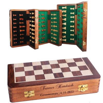 18-inch Personalized Wooden Chess Set with Golden Plaque  Magnetic Folding Travel Chess Board, Leather Sling Bag, Extra Queen  Premium Chess Set for Adults, Collectors, and Travel