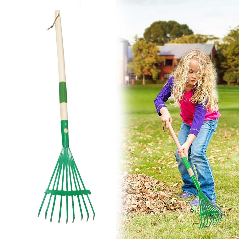 HELLORSO Leaf Rake-Small Wooden Handle Leaf Rake with Metal Tines, 27.76inches /70.5cm Length, Enjoy Garden Cleaning Activities (Green-1pc)