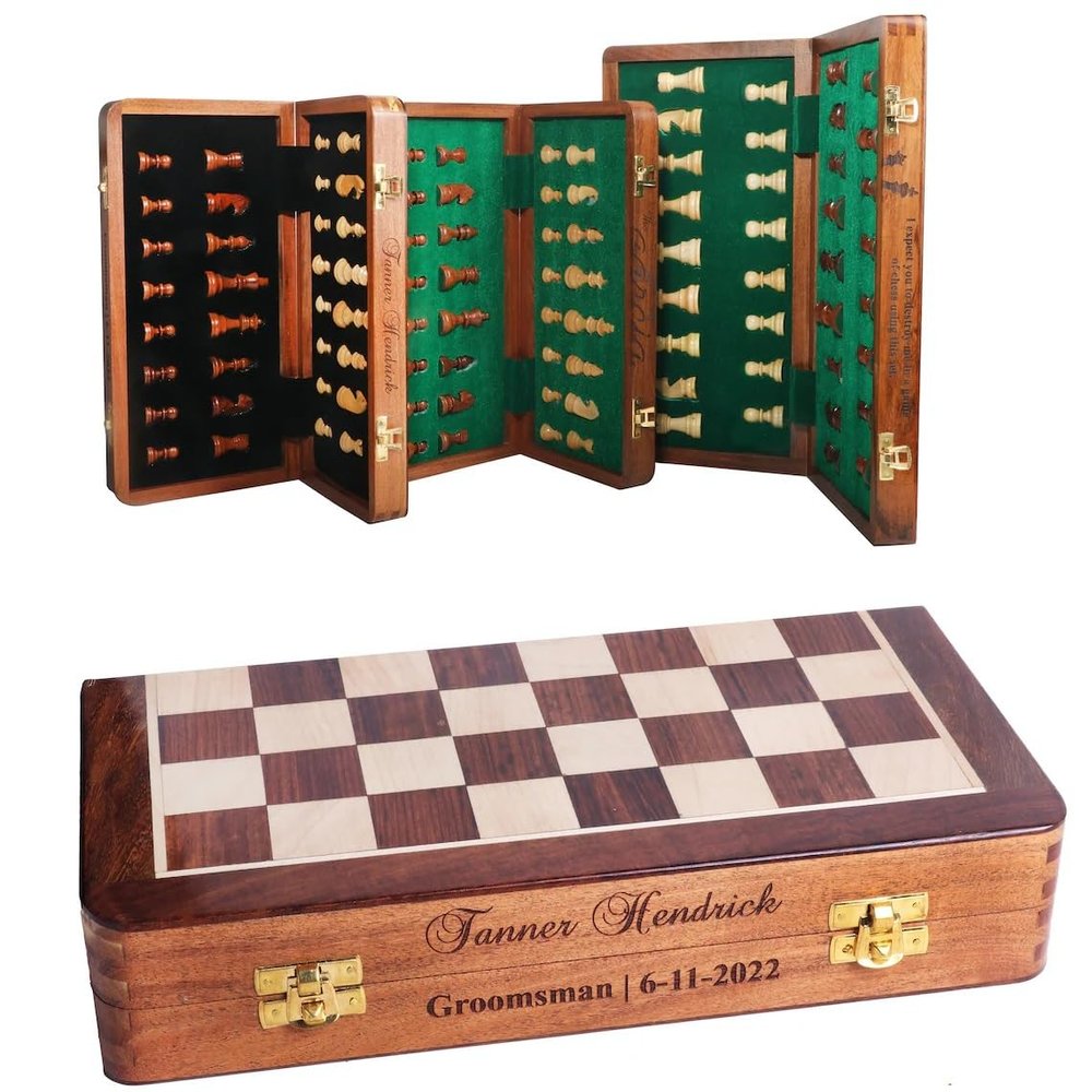 14-inch Personalized Wooden Chess Set with Golden Plaque  Magnetic Folding Chess Board, Leather Sling Bag, Extra Queen  Elegant Travel Chess Set for Adults, Gift Idea