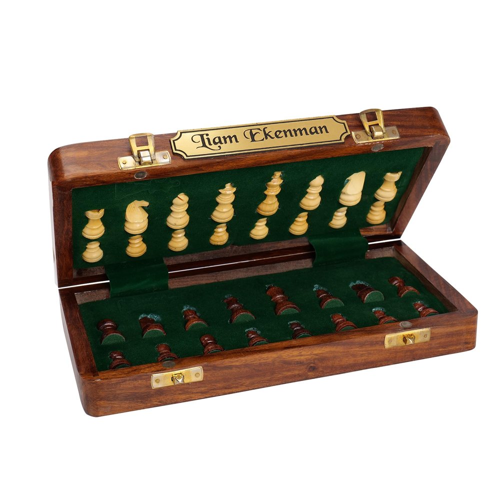 16-inch Personalized Wooden Chess Set with Golden Plaque  Magnetic Folding Travel Chess Board, Leather Sling Bag, Extra Queen  Deluxe Chess Set for Travel, Family, and Gift Giving