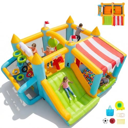AKEYDIY Bounce House, Inflatable Obstacle Course Bouncy House with Blower for Big Kids 3-12, Indoor Kids Bounce Castle Jump House with Sunshade Stand,Boxing Ball,Ring Toss Game Ball Pool