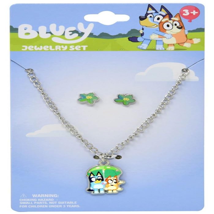 HER Bluey And Bingo Jewelry Set for Kids, Character Pendant Necklace with Flower Earrings, Ages 3+