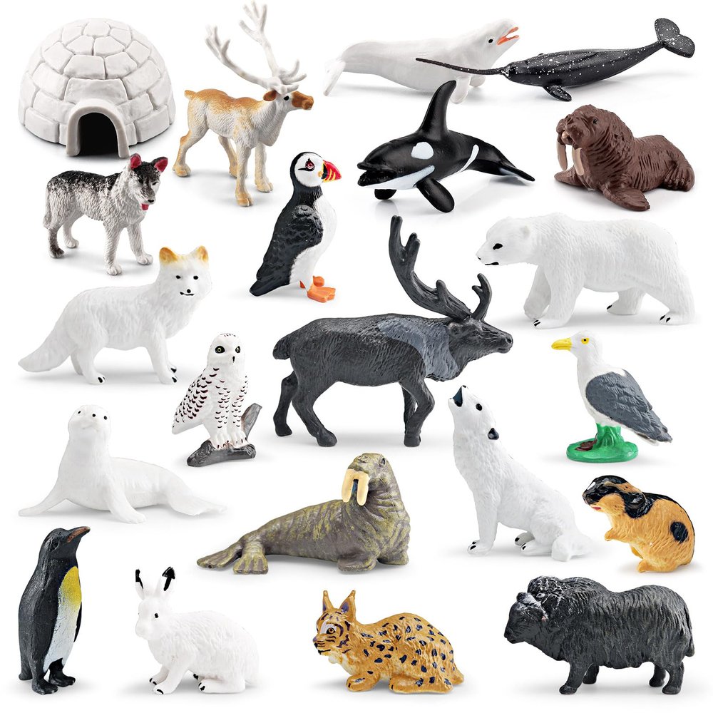 21PCS 2-4 Inch Arctic Sea Animal Figurines Set with Igloo,Mini Polar Animals Toys,Whales,Polar Bear,Caribou,Penguin,Walrus Figurines Cake Toppers Birthday Gifts for Preschool Educational Gift