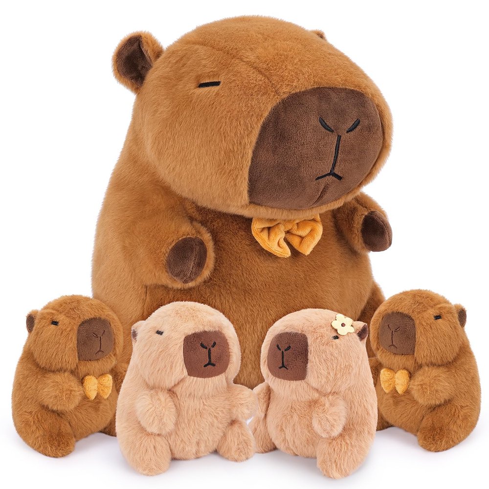 Achwishap 5PCS Capybara Plush,Capybara Stuffed Animal Mommy with 4 Capybaras Babies Plush Toy,Cute Plushie Capybaras Hugging Pillow Cuddle Plushie for Kids Girls Boys Birthday,Capy bara Family 16