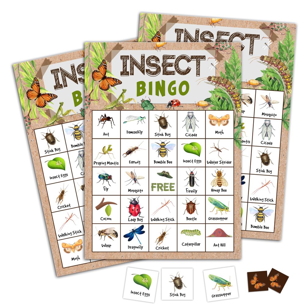 CTLHKY Insect Bingo Games Cards, Bug Party Bingo Cards, Insect Theme Game Decor, Outdoor Adventure Games Kit for Camping Party, Camping Game for Adults Family Activity Supplies -A05