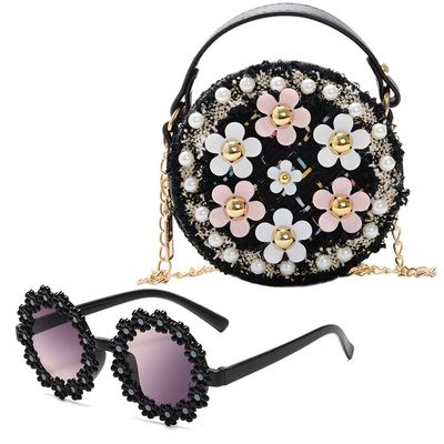 Cute Toddler Little Girls Round Crossbody Bag with Sunglasses Embellished with Pearl & Flower Mini Princess Style Handbag (Black)