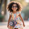 Cute Toddler Little Girls Round Crossbody Bag with Sunglasses Embellished with Pearl & Flower Mini Princess Style Handbag (Black) view 3