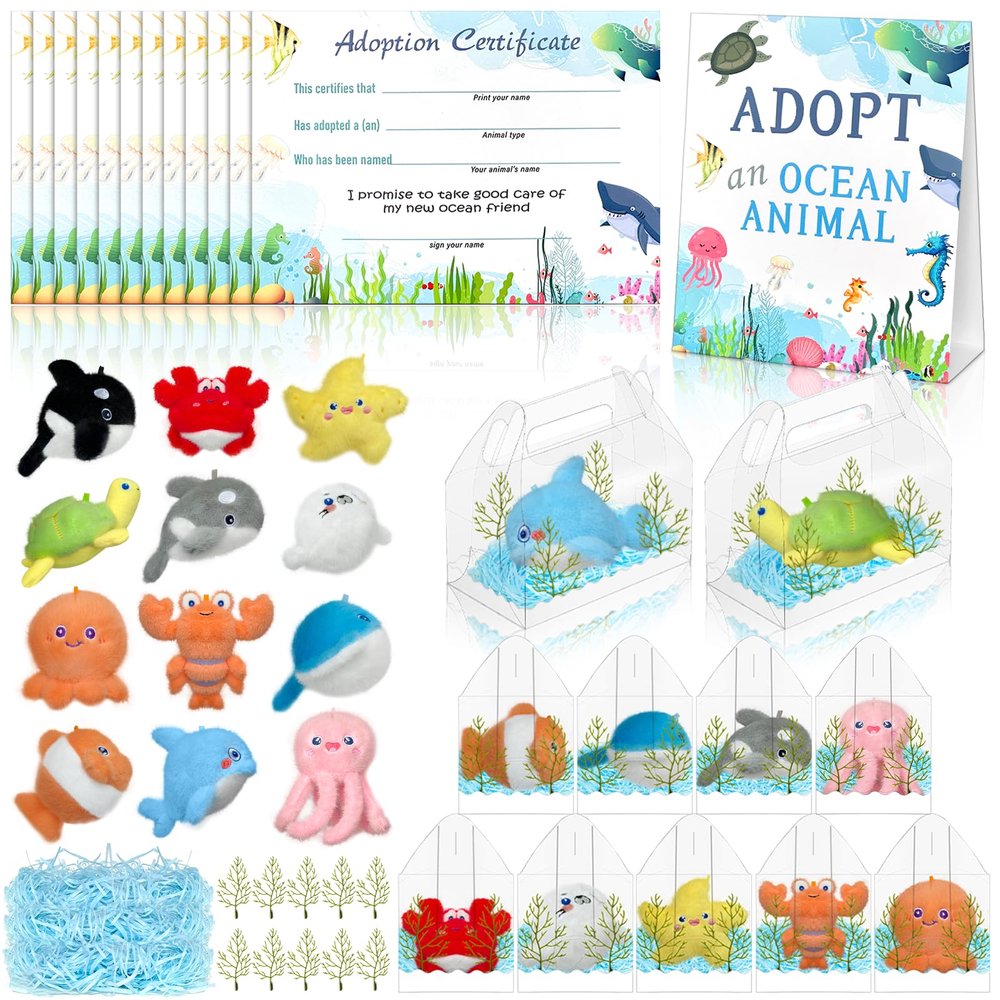 85 Pcs Adopt an Ocean Animal Party Favors Includes 12 Plush Sea Animals 12 Clear Favor Boxes 12 Adoption Cards 1 Adoption Sign Blue Raffia 48 Artificial Water Plants for Kids Sea Animal Adopt Party