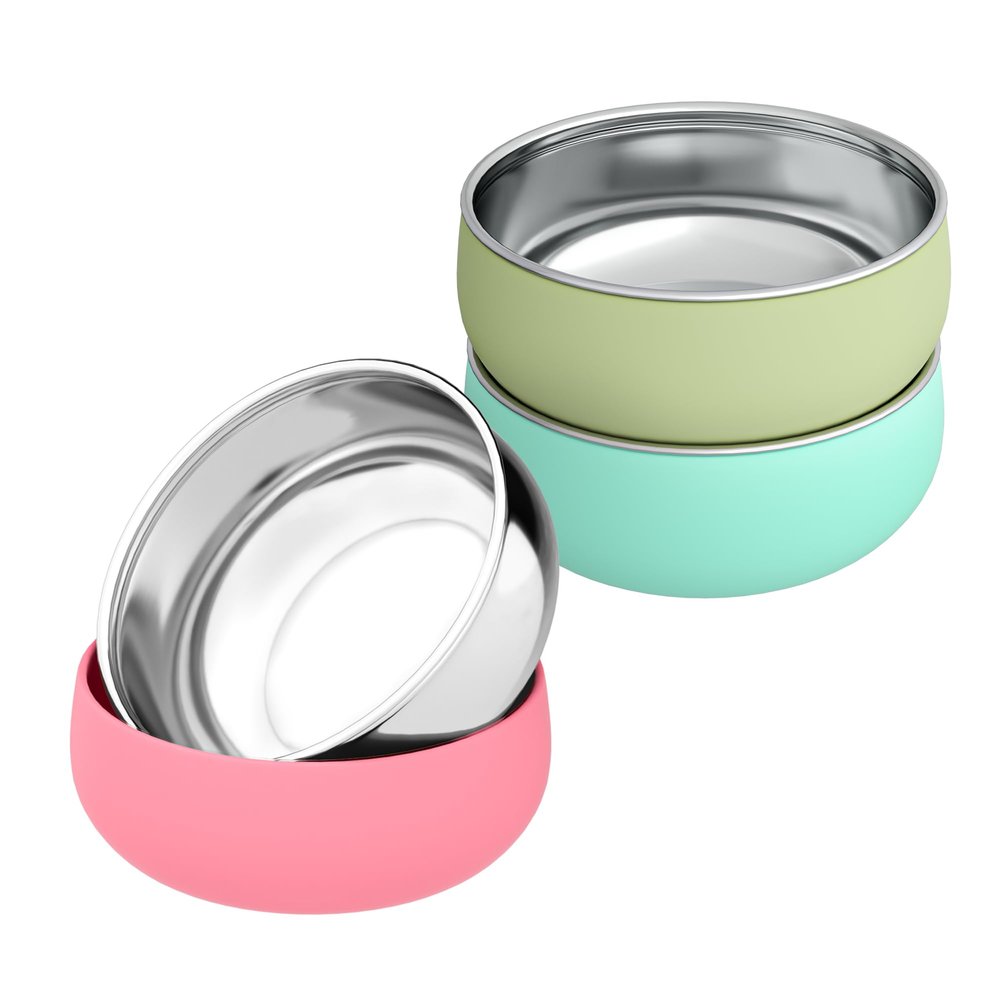 Bellas Friends Stainless Steel Baby Bowls with Silicone Sleeve 3 Pack, 4.3 for Toddlers Kids Feeding, Non-Slip, Non-Toxic, Mess-Free, Dishwasher Safe, Fit High Chair Size,pink mint green light green